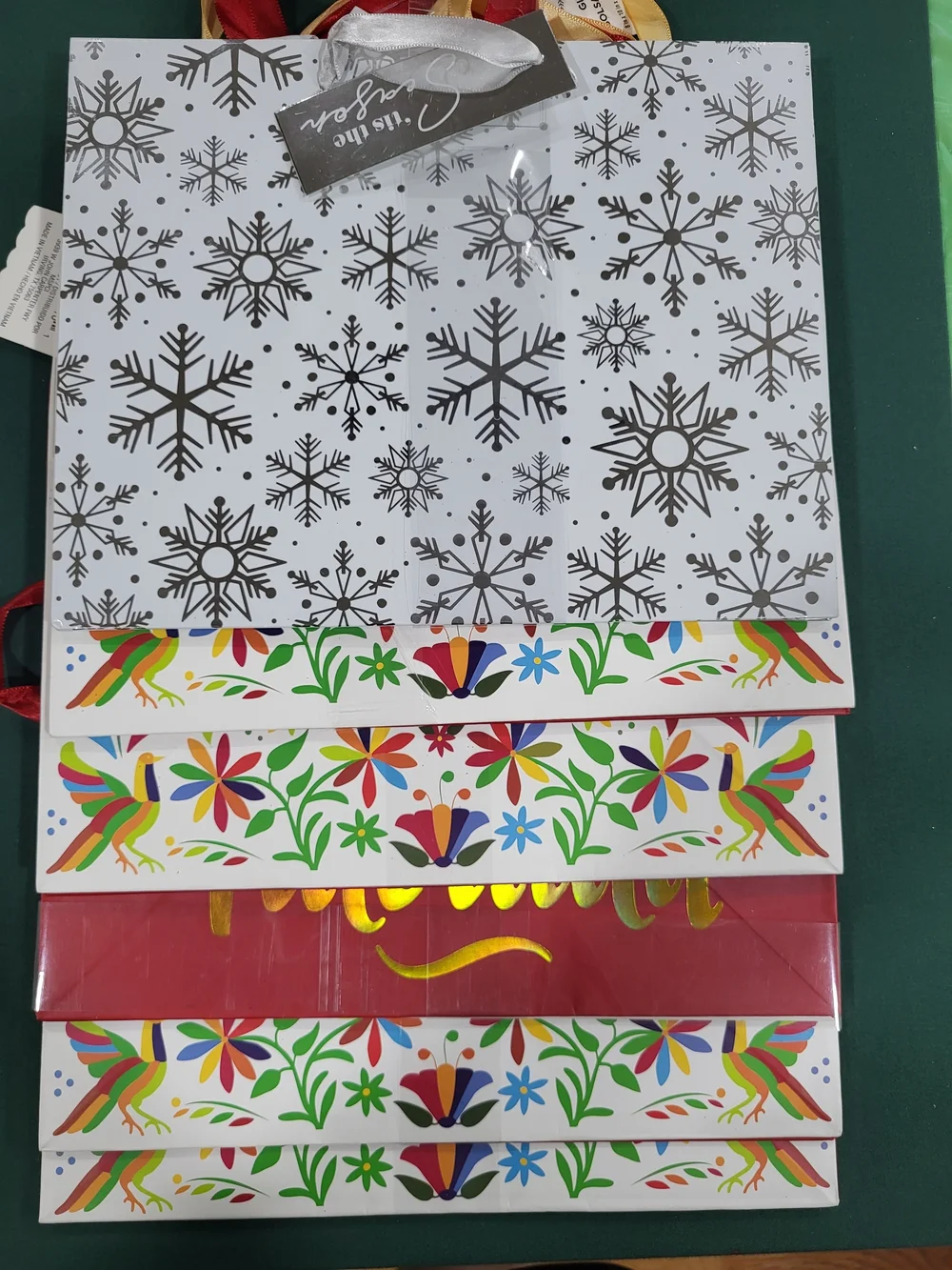 Holiday Time Feliz Navidad Red and Gold Gift Bags with Colorful Folk Art